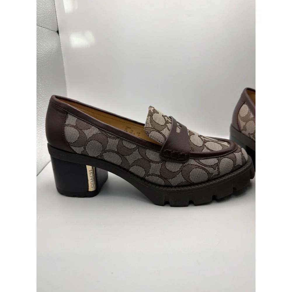 Coach Leah Loafer Signature Jacquard Leather Block Heel Lug Sole Brown Size 6.5